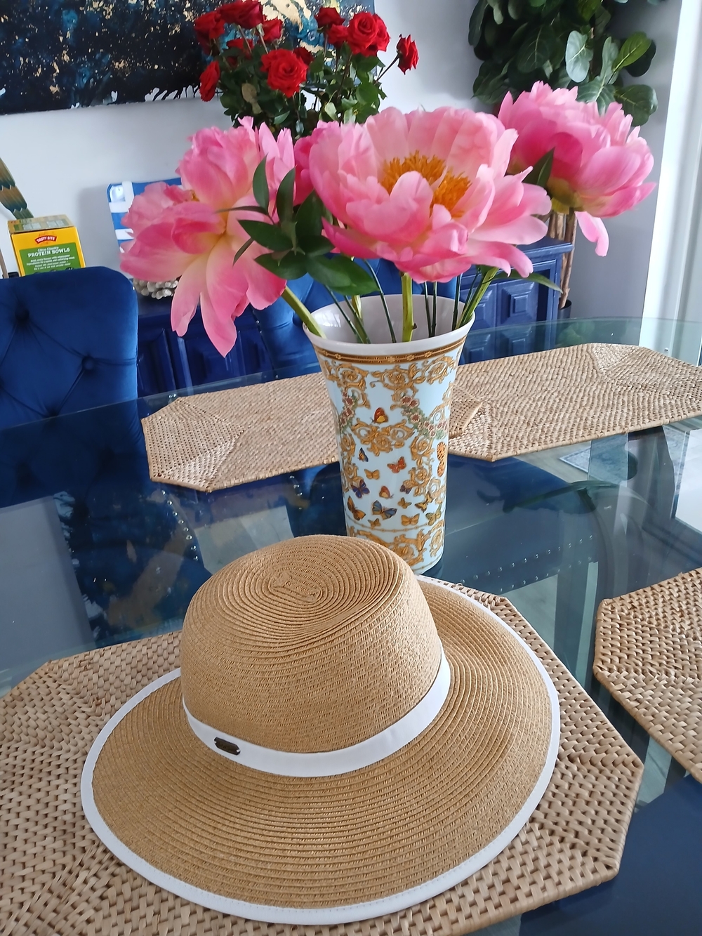 Straw Wide-Brim Sun Hat with White Trim